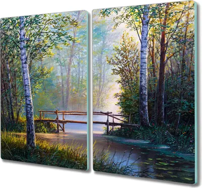Produktbild von Coloray Herdabdeckplatte 2x30x52 cm Schneidebrett Kochplattenabdeckung Küchenbrett Hackbrett - Wald-Fluss-Brücke Natur