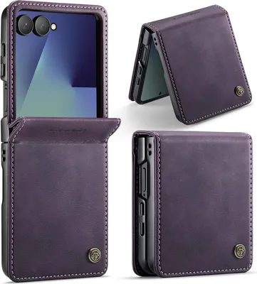 A collage of images showing a purple leather flip case for a Samsung Galaxy Z Flip phone from multiple angles.