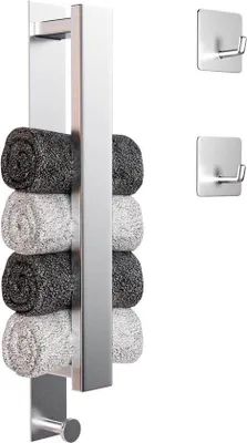 Immagine prodotto di Portasciugamani senza foratura, portasciugamani per bagno, portasciugamani per ospiti, autoadesivo, portasciugamani a parete con 2 ganci per asciugamani, per bagno e cucina (40 cm, acciaio inox)