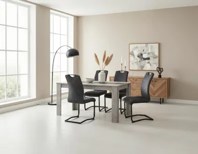 Produktbild von 5tlg. ESSGRUPPE Rems, 1 Tisch Betonoptik+Schwarz/Weiß - Winkelfuß - Maß 140x80cm + 4 Schwinger Stühle Anthrazit - Lehne mit Griff - 120kg belastbar