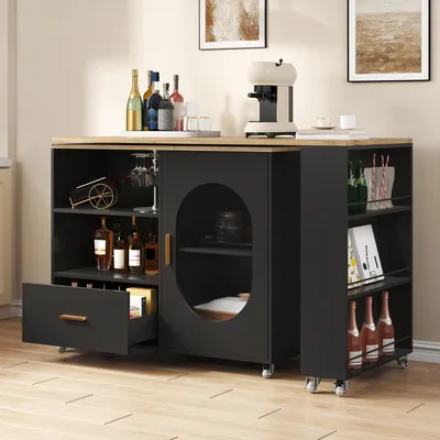 Immagine prodotto di Isola da cucina MODFU, carrello da cucina con spazio contenitivo, carrello di servizio estendibile da 120–180 cm, tavolo da pranzo con piano girevole a 360°, mobile su ruote con freno, finitura naturale/nera