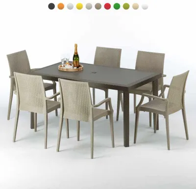 Produktbild von Polyrattan Tisch Rechteckig mit 6 Bunten Stühlen 150x90 Braun Focus