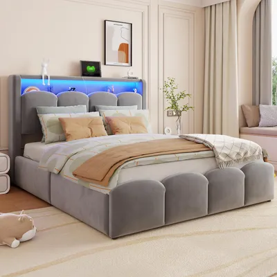 Imagen del producto de Cama tapizada Zerbaco, cama de matrimonio, 140x200 cm, con sistema hidráulico de almacenamiento, con cajón, con iluminación LED, con puertos USB y tipo-C, color gris