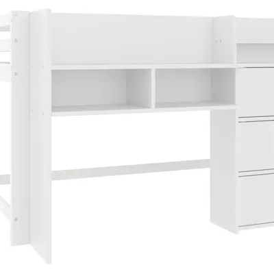 Produktbild von Flieks Etagenbett 90x200cm mit Schreibtisch und Schrank, Kinderbett Hochbett mit Rausfallschutz und Lattenrost, Einzelbett Weiß