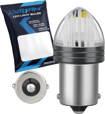 A product shot of an LED light bulb and its packaging.