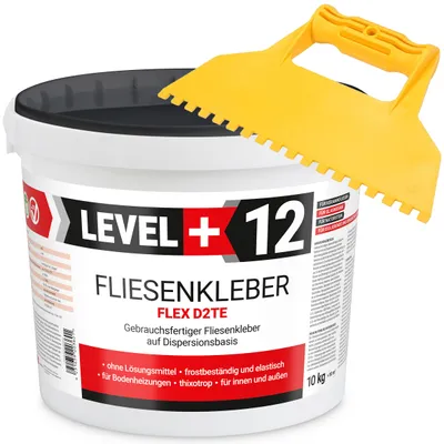 Obrázok produktu pre Súprava bieleho disperzného lepidla na dlaždice 10 kg Level+12 a plastového tmelu na dlaždice 5x5 mm zub