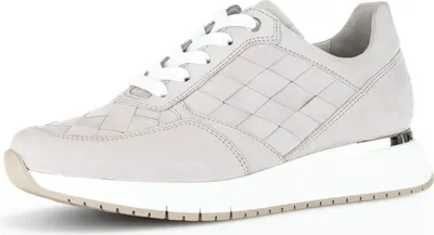 A studio shot of a single gray sneaker.