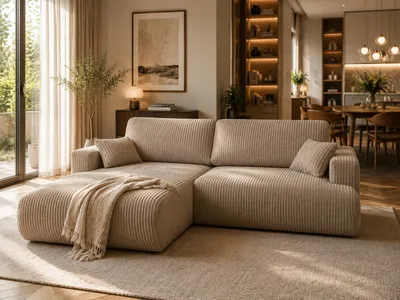 Produktbild von KSHOMECONCEPT Ecksofa Luna L links mit Schlaffunktion und Bettkasten Beige Cord, KI-generiertes Bild