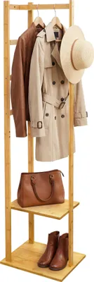 Produktbild von Relaxdays Garderobenständer Bambus & MDF, Kleiderständer, HBT 155 x 38 x 30 cm, 2 Ablagen, 3 Haken, Kleiderstange, natur
