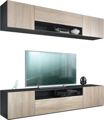 Produktbild von Vladon Wohnwand Mogan, Schwarz matt/Eiche sägerau - Moderne Anbauwand bestehend aus 2 TV-Boards (181 x 147 x 35 cm)