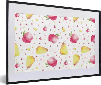 Produktbild von MuchoWow® Gerahmtes Poster Birnen - Äpfel - Aquarell 60x40 cm - Poster mit Schwarzem Bilderrahmen Wandposter Rahmen Foto Bilder - Schlafzimmer - Plakat in Rahmen - Drucken