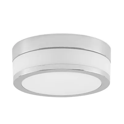 A ceiling lamp with a chrome frame and white glass shade, presented against a white background.