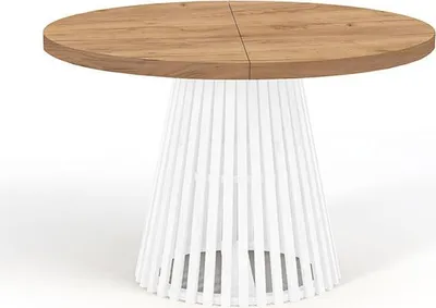 Image de Table ronde à rallonges pour la salle à manger, DOVER - Industrial/Loft Still avec pieds à lamelles, diamètre : 90 / 140 cm, Couleur : Chêne Craft Golden / Blanc