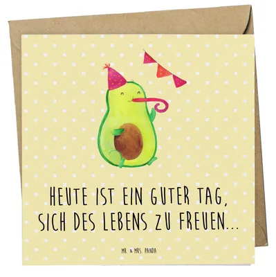 Produktbild von Mr. & Mrs. Panda Grußkarte Avocado Party - Gelb Pastell - Geschenk, Happy Birthday, Geburtstag, Avocados, faltkarte, anlasskarte, Glückwunschkarte, Prüfung, doppelkarte