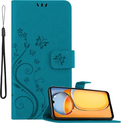 Image de Cadorabo Housse pour Xiaomi Redmi 13C Housse en FLORAL BLEU Housse de protection au design floral avec fermeture magnétique, fonction de rangement et emplacements pour cartes Book Case Cover