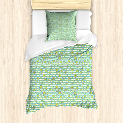 Produktbild von ABAKUHAUS Blumen Bettbezug Set für Einzelbetten, Sommer-Blumen-Streifen, Milbensicher Allergiker geeignet mit Kissenbezug, 135 cm x 200 cm - 80 x 80 cm, Seafoam Senf
