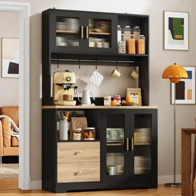 Image de Armoire de cuisine Flieks de 178 cm avec éclairage LED, prise électrique, portes en verre trempé, étagère à vin, meubles hauts avec plan de travail renforcé, buffet, couleur noire