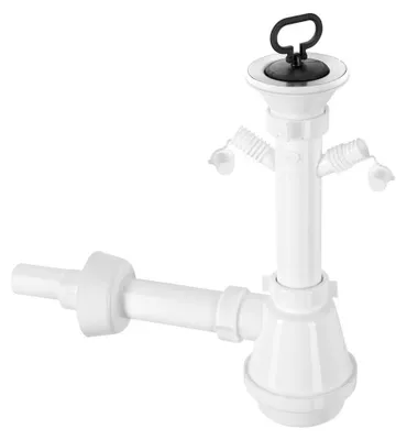 Obrázek produktu pro Umyvadlový sifon, 2 přípojky pro zařízení, nerezový odtok 80 mm, zátka s úchytem, DN40/32, bílá