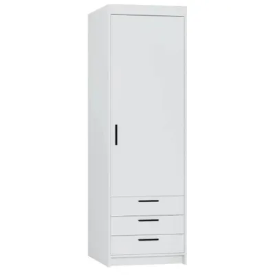 Produktbild von Drehtürenschrank ELENA 1D Weiß mit schwarze Griffe - Kleiderschrank 60 cm mit 3 Schubladen und glatten Tür