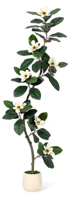 Image de Faux arbre à gommiers avec fleurs de magnolias - Plante artificielle de 210 cm, plante d'intérieur - Avec pot blanc - Idéale pour le salon et le bureau - Décoration d'intérieur/extérieur - Blanche