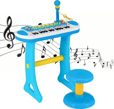 Produktbild von COSTWAY Kinder-Keyboard mit 31 Tasten, tragbares Musikinstrument mit Mehreren Sounds & Lichteffekten, verstellbarem Mikrofon & Hocker, niedliches Spielzeug-Klavier für Kinder ab 3 Jahren (Blau)