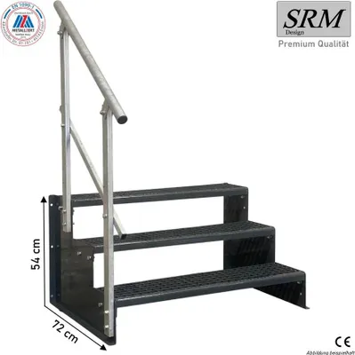 Zdjęcie produktu dla Schodki stojące, 3 stopnie, model 2, kolor antracyt, szerokość 60 cm, wysokość 54 cm. 1 sztuka poręczy prostokątnej