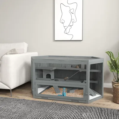 Zdjęcie produktu dla Klatka dla chomika PawHut z drewna 3-poziomowa, klatka dla gryzoni Nagarium, mała klatka z uchylną pokrywą, okienko widokowe, rampa, miska do karmienia, akcesoria, klatka dla małych zwierząt, drewniana klatka dla chomików 115x60x55cm, szara