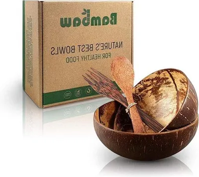 Produktbild von Famanu Kokosnuss-Schalen Set mit Holzbesteck - Upgecycelte Kokosnussschalen