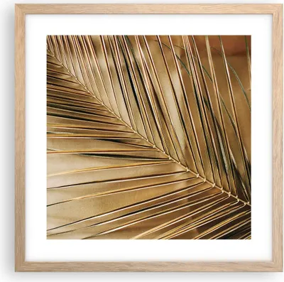 Produktbild von Gerahmtes Poster - Rahmen in heller Eiche - Blatt Gold Pflanze - 40x40 cm - Wand Bild - Wanddeko - Wandbilder - Kunstposter - Wandposter - Bilderrahmen - Bilder - Kunstdruck - P2NAC40x40-5041