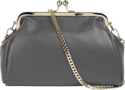 Produktbild von Abendtasche Clutch aus Rindleder grau 23x15x7 cm mit Bügelverschluss und abnehmbarem Schultergurt