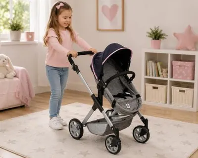 Productafbeelding van Poppenwagen Mila | 2-in-1 combiwagen in melangegrijs | 2-in-1 combiwagen met een draaibare sportstoel, een babybadje en zwenkwielen. De handgreep is verstelbaar van 39 tot 72 cm.