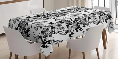 Produktbild von ABAKUHAUS Schwarz und weiß Tischdecke, Schmetterling Inspiriertes Motiven Schattenbilder Blumen Skizzen Muster, 140 x 170 cm, Weiß Schwarz