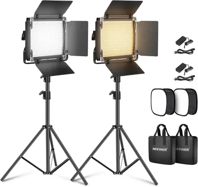 Image de Kit d'éclairage vidéo LED 2 pièces avec trépied - Lampe vidéo - Panneau lumineux - Lampe de photographie - Lampe de studio - 3200K-5600K, IRC 96+