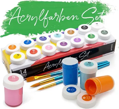 Produktbild von int!rend Acrylfarben Set mit Pinseln - 14 x 18ml Acryl Farben - Wasserfeste Acrylfarbe zum Bemalen von Leinwand, Holz, Ton & Steine - Acrylic Paint
