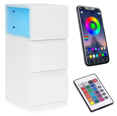 Obrázok produktu pre Nočný stolík s LED osvetlením, stolík do spálne, 2 zásuvky, biely, ModernHome