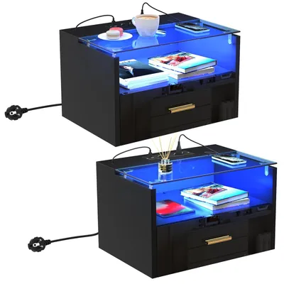 Produktbild von 2x LED Hängender Nachttisch,Schwebender Nachtschrank mit Steckdose,Beistelltisch Holz moderner Nachttisch für Schlafzimmer 42x30x26cm(Oberes Glas+MDF)