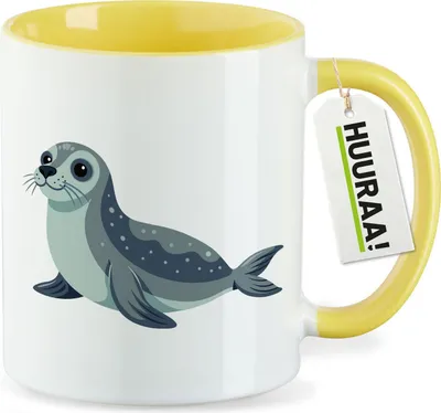 Produktbild von Huuraa Kaffeetasse Seehund Comic 330ml Gelb Keramik Kaffeebecher Geschenkidee