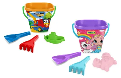 Obrázek produktu pro Sada na písek 4ks plast kbelík s doplňky 2 druhy v síťce 20x15x17cm 12m+ Wader