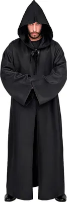A man wearing a black hooded robe, standing against a white background.