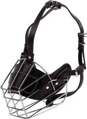A black leather and silver metal dog muzzle is shown against a white background.
