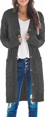 Produktbild von ASKSA Damen Langarm Strickjacke Strick Mantel Zopfstrick Sweater mit Knopfleiste und Taschen, Dunkelgrau, M