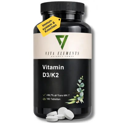 Vita Elements Vitamin D3/K2 Tabletten (180 Stück) für Immunsystem und Knochen mit >99,7 % all-Trans