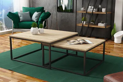 Produktbild von Quadratischer Couchtisch DAKAR 2in1 für Wohnzimmer mit Metallbeinen im Loft-Stil, 76cm / 66cm, Farbe: Eiche Sonoma / Schwarz
