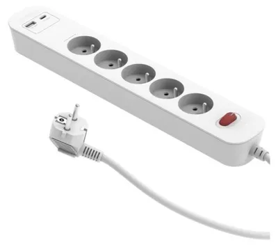Productafbeelding van PD20 snellaadverlengkabel, 5-voudige stekkerdoos met schakelaar + 2x USB (A+C), 1,4 m, wit / 34097