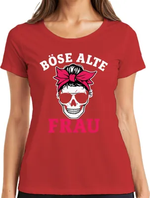 Produktbild von Böse Alte Frau Totenkopf Bandana Sonnenbrille Oma Biker Rocker Damen T-Shirt, Rot, M