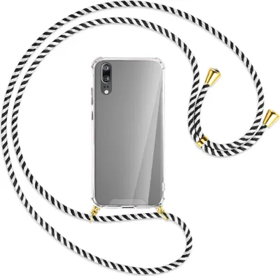 Produktbild von Handykette Backcover-Schutzhülle mit Band (Metall goldfarben) für Huawei P20 - schwarz/weiß gestreift