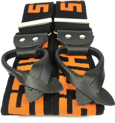 A pair of black and orange suspenders with metal clasps and leather loops.