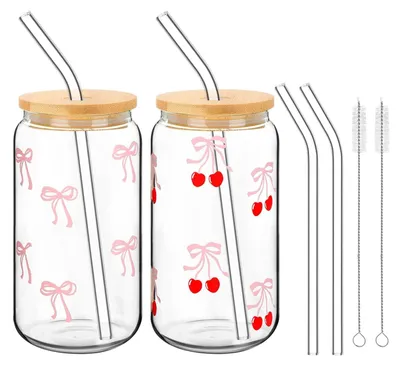 2 Trinkgläser 500 ml mit Deckel & Strohhalm, rosa Schleife
