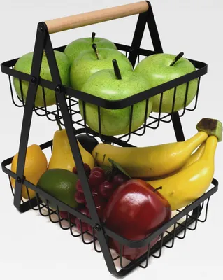 Produktbild von 2 Etagen Obstkorb für die Küche- Etagere obst schwarz - Obst und gemüse Etagere