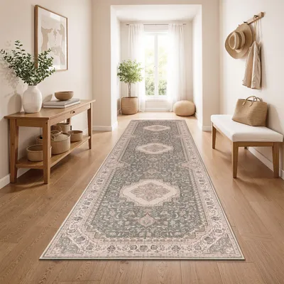 Produktbild von Vintage Boho moderner Wohnzimmerteppich Kurzflor waschbar rutschfest Grün Beige Grösse 80x300 cm